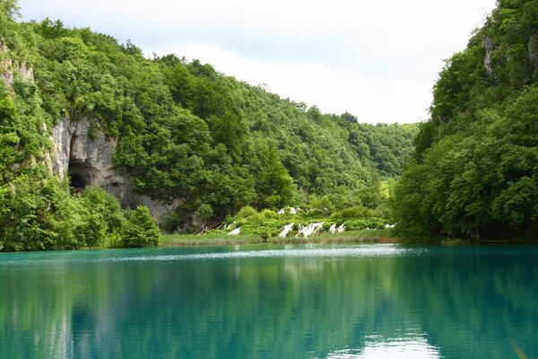 Natura nad brzegiem turkusowego jeziora ze stromymi zielonymi klifami