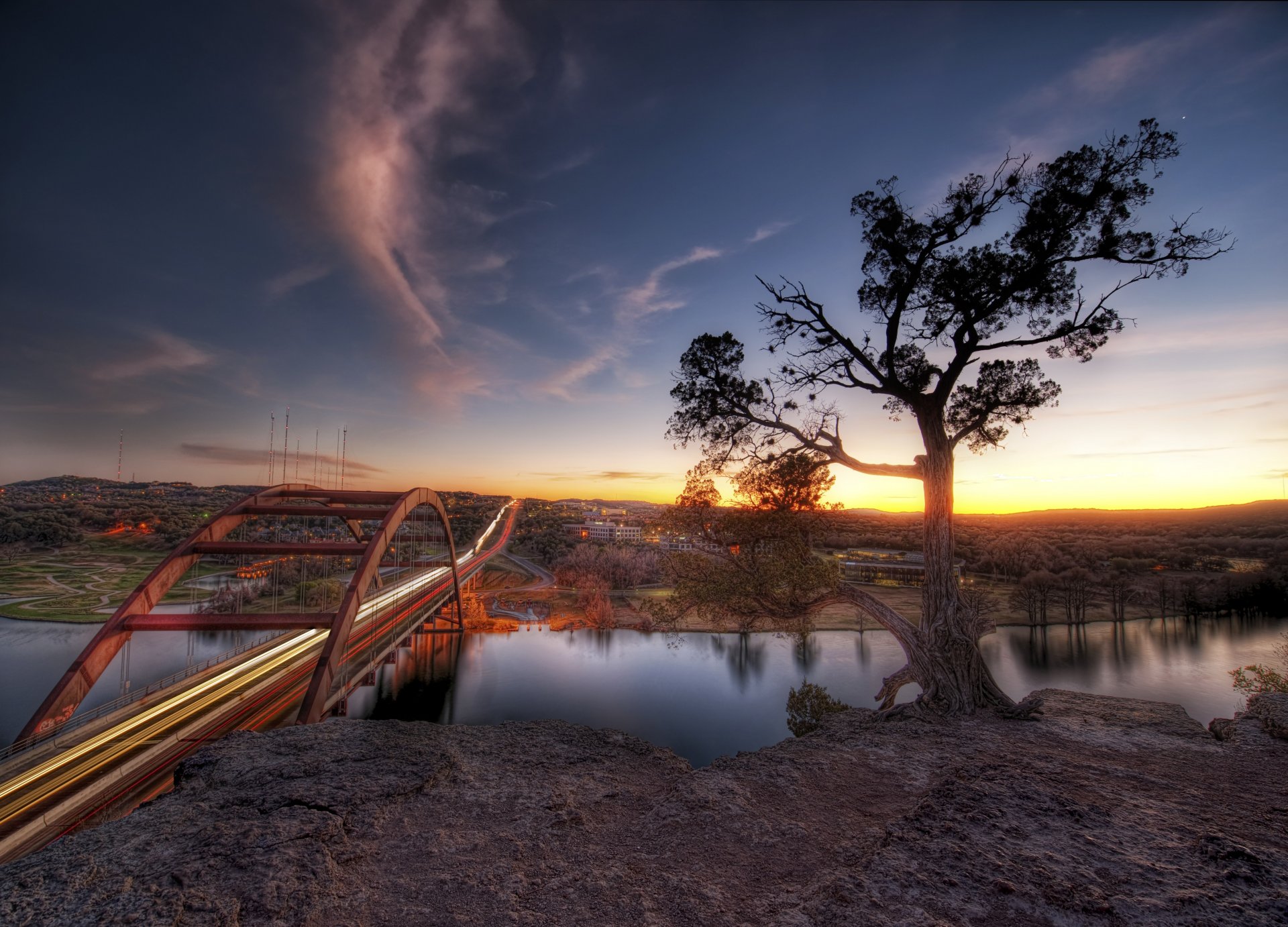 sonnenuntergang austin brücke fluss