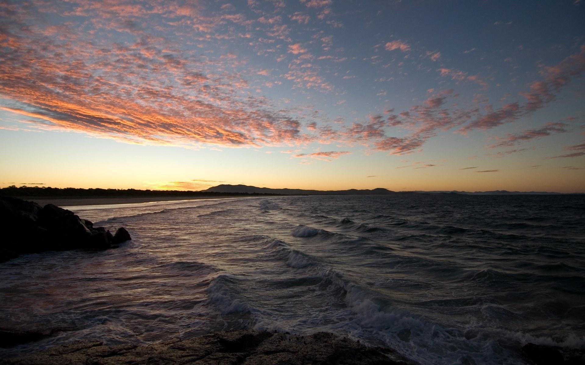 nature landscape night sunset summer sea waves stone