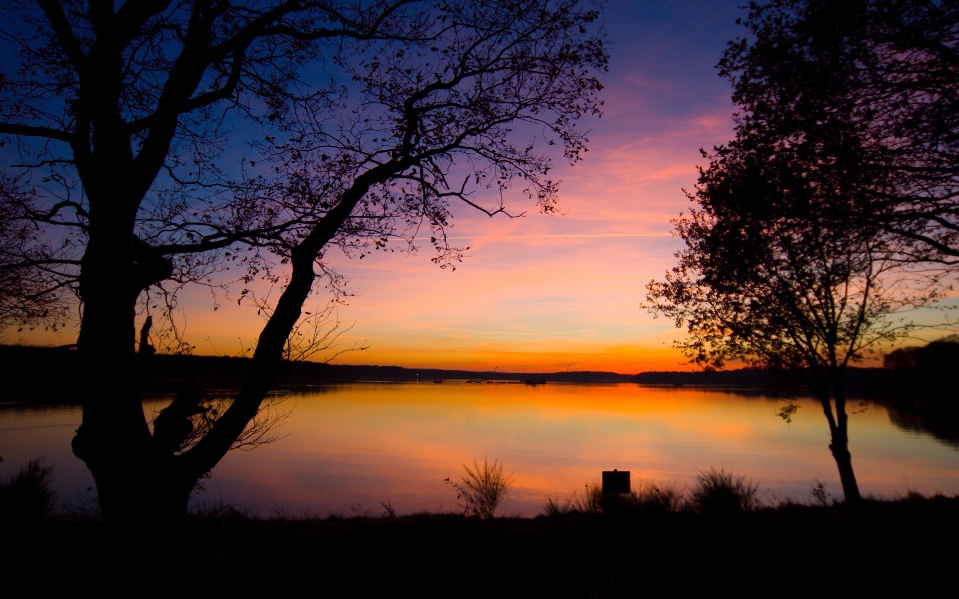 coucher de soleil lac arbres