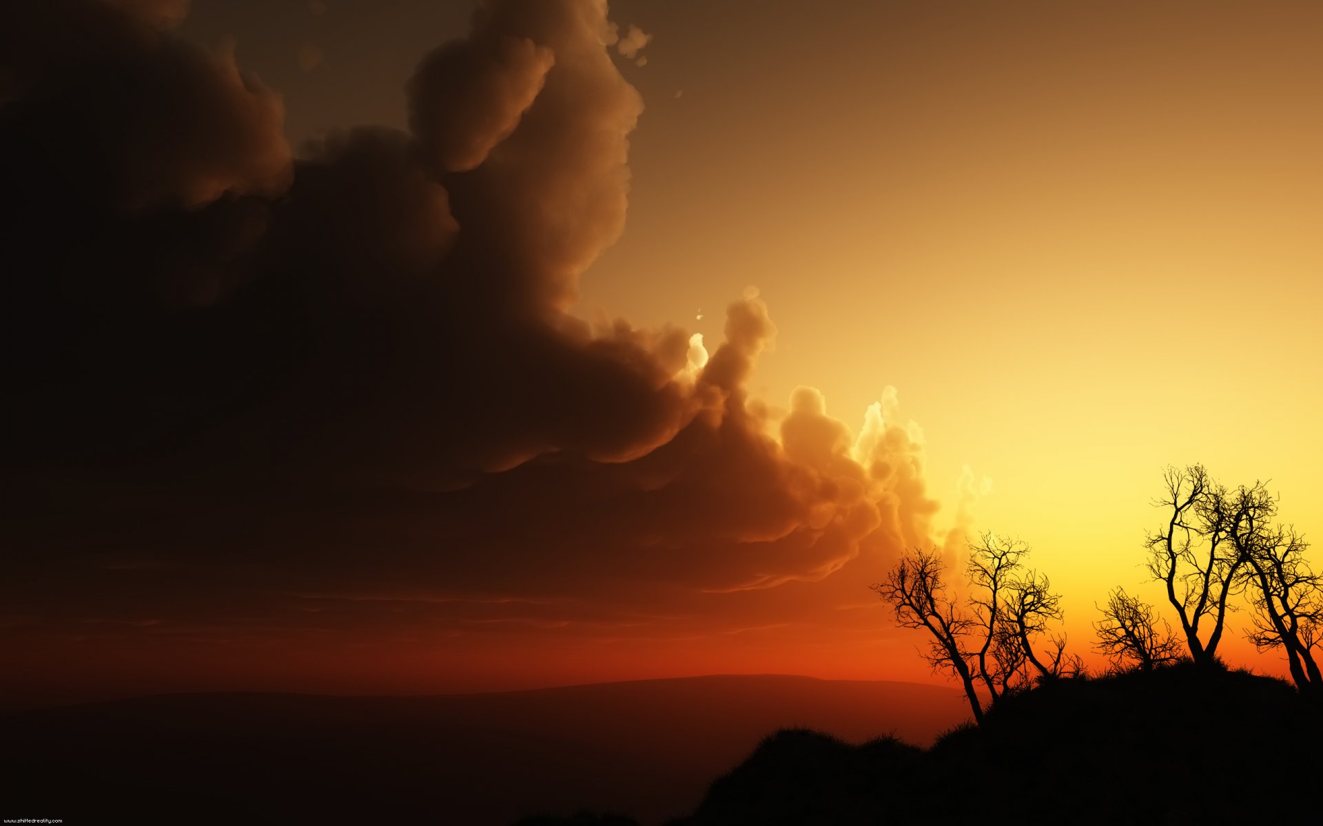 collines arbres rouge coucher de soleil ciel blaca