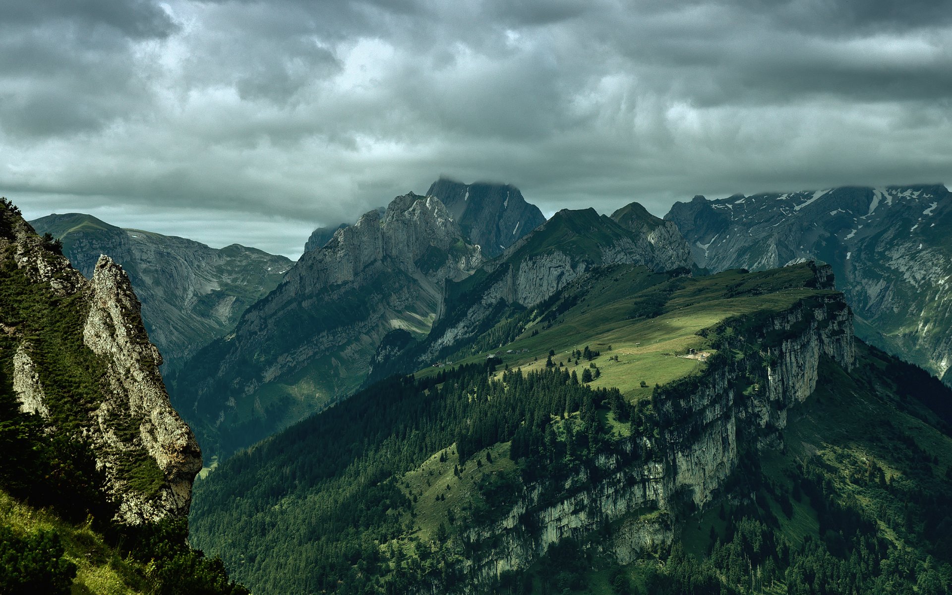 landschaft natur wald bäume ansicht höhe berge felsen himmel wolken licht ansicht