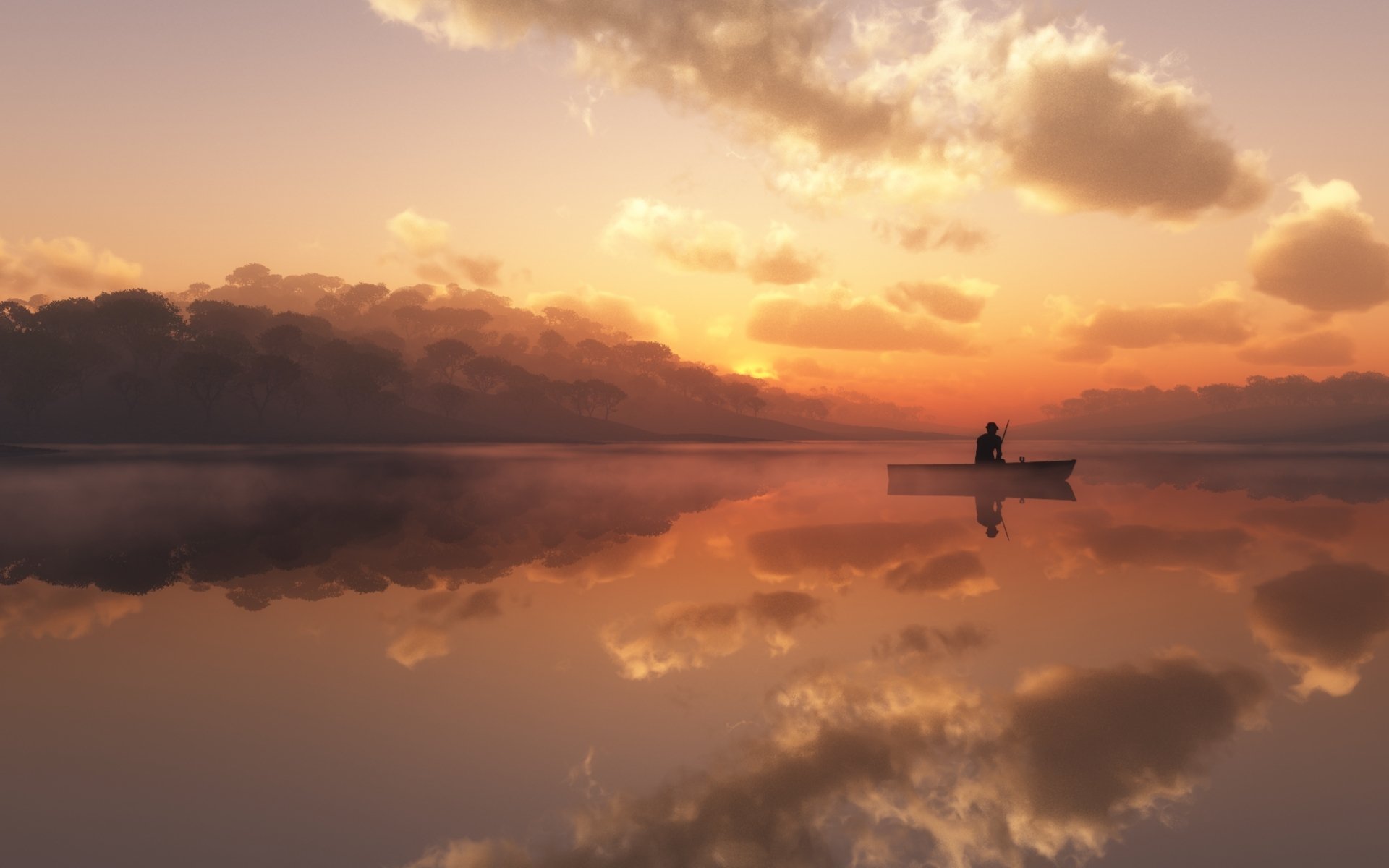 boat a fisherman lake fog