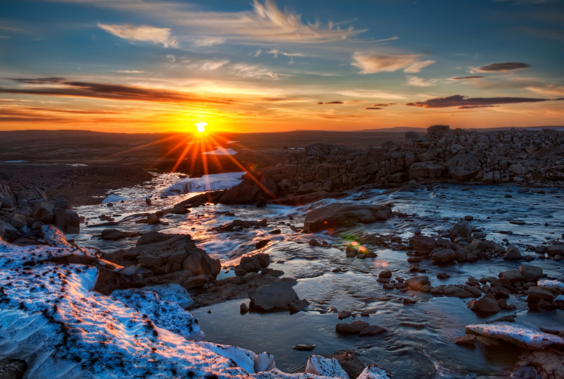 river stones sun night landscape