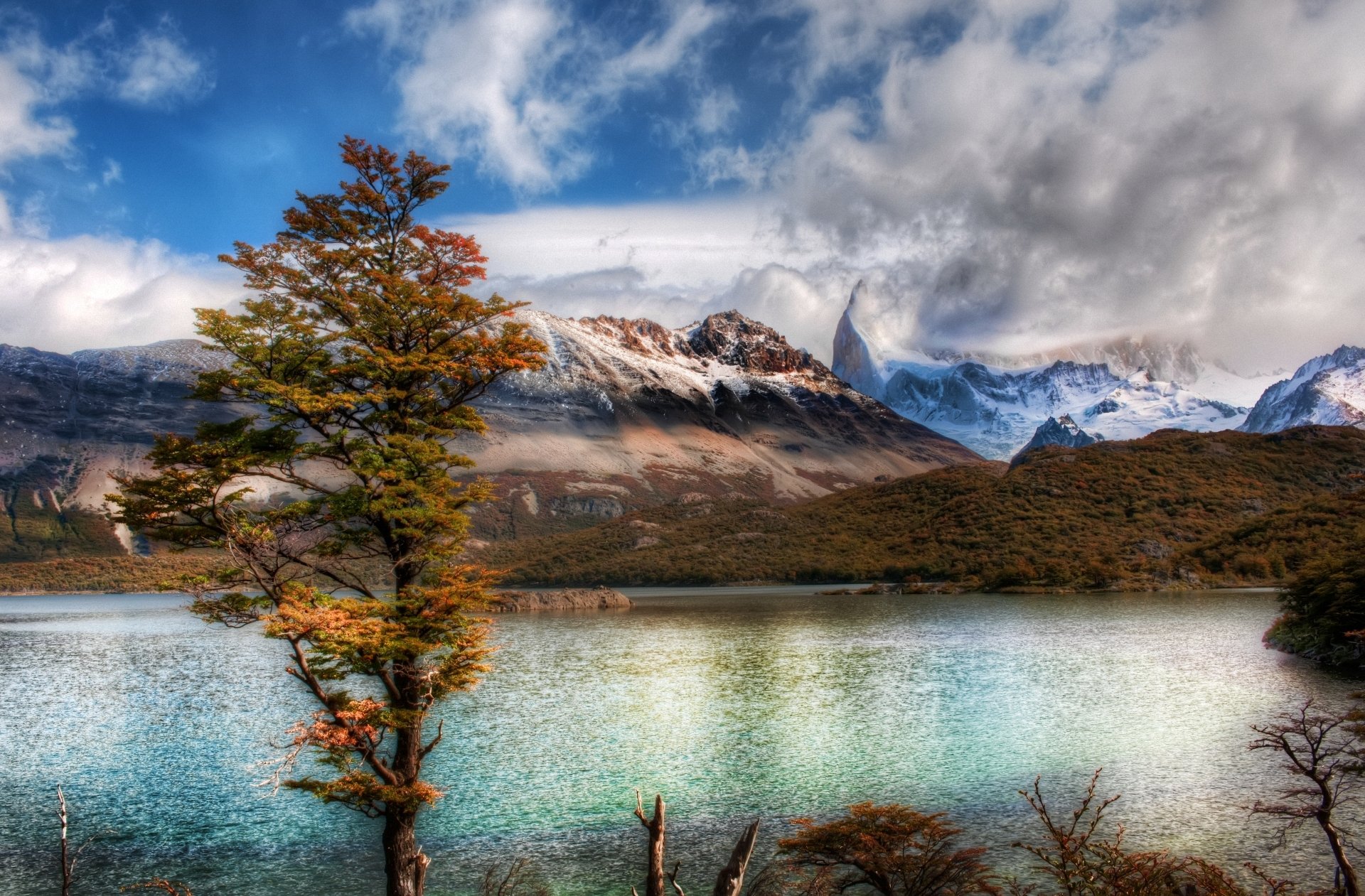 lake mountain clouds tree