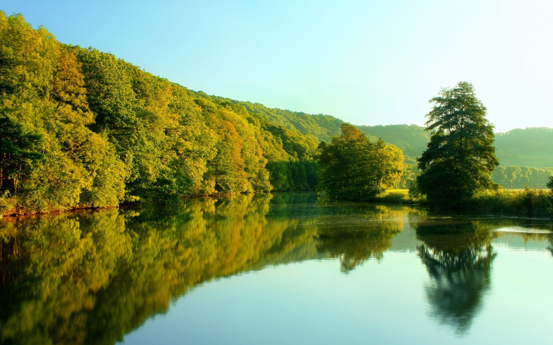 rivière arbres ciel réflexion