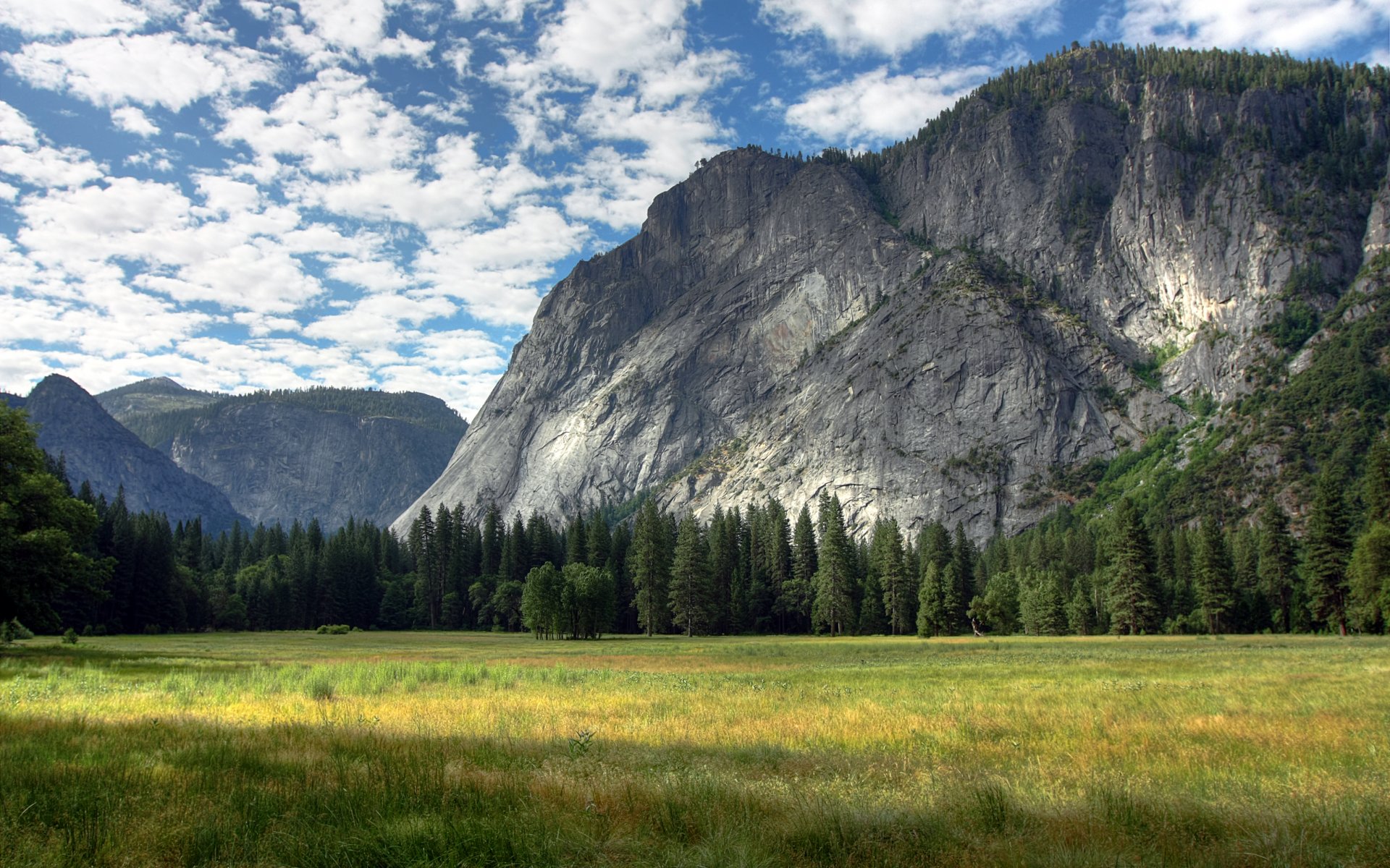 prairies de yosemite nuages vert montagnes arbres roches