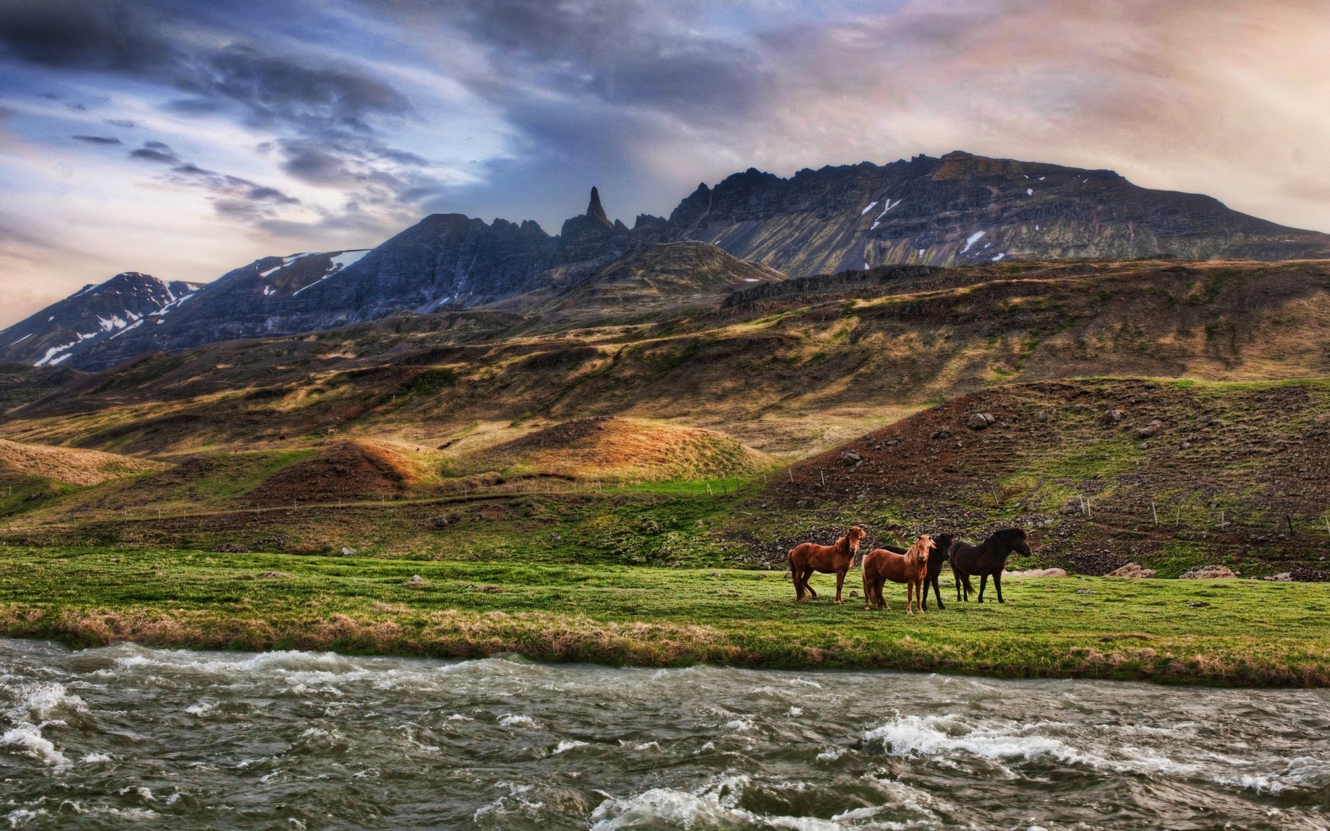 chevaux rivière montagnes nuages