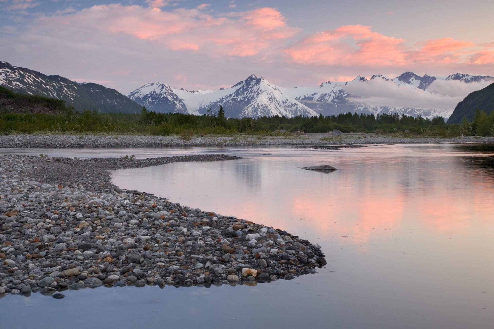 alaska nature river landscape stones mountain sky cloud