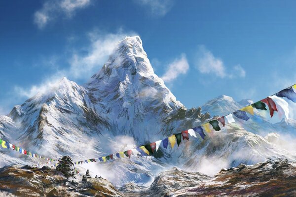 The number of multicolored flags on the mountainside