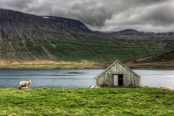 A lonely house on the riverbank in the mountains