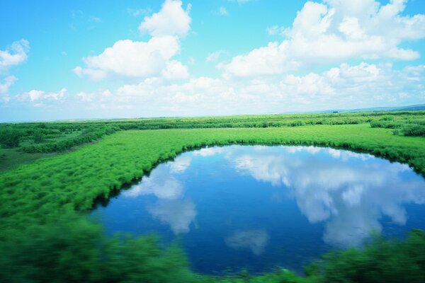 A lake in a valley with a blue sky