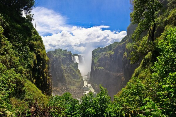 Mountain gorge among clouds