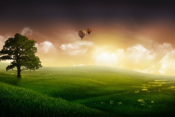 Fantastisches Foto. Nebelige Ferne und Luftballons am Himmel. Grünes Feld