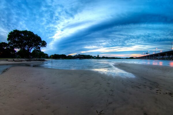 Footprints in the sand by the water