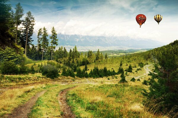 Luftballons schweben über dem Wald