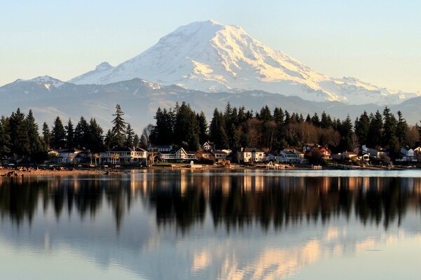 Clear lake on the background of a snowy mountain