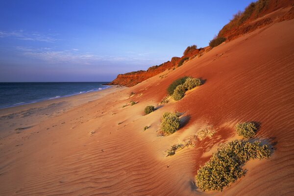 Красный песок на берегу океана