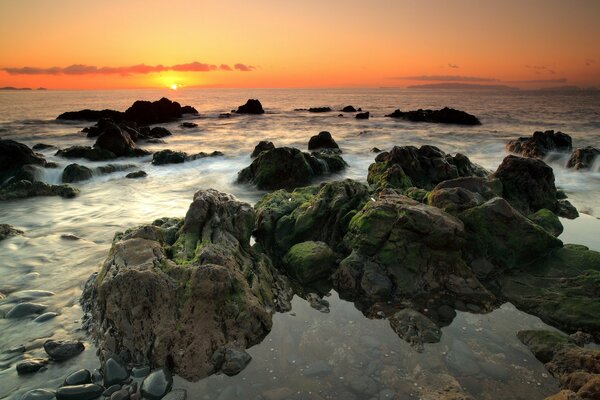 Piedras junto al mar en el fondo de la puesta de sol