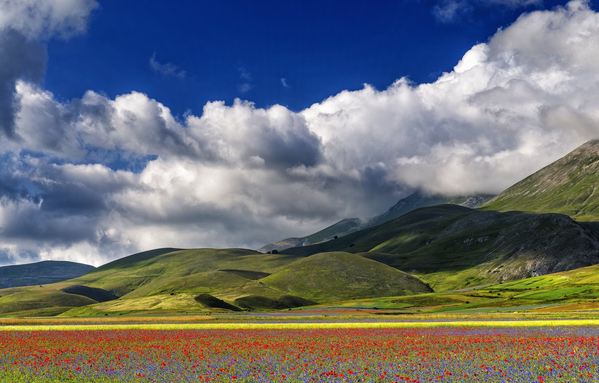 italie ciel nuages montagnes pré fleurs coquelicots