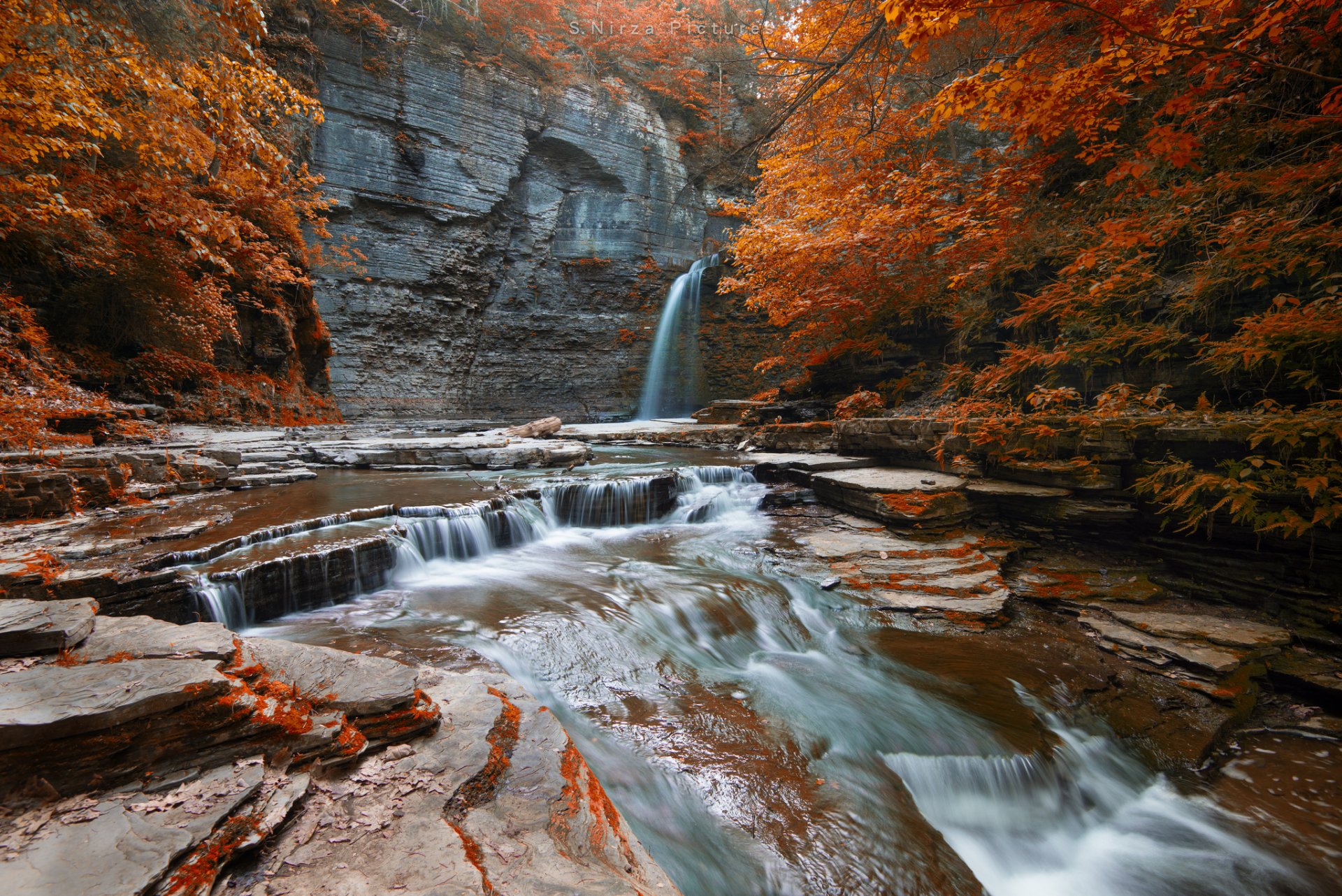 río cascada bosque árboles otoño roca