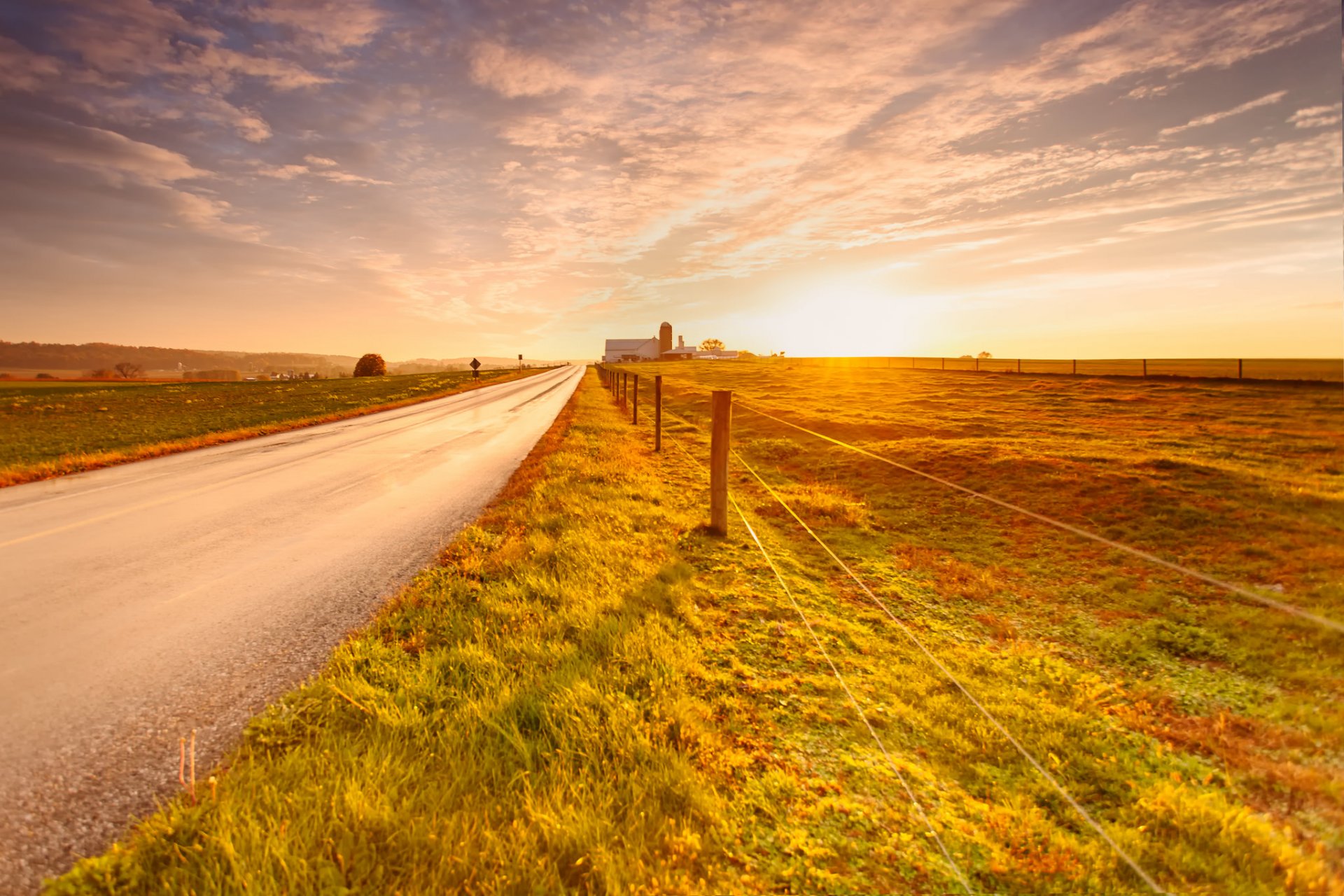 road autumn the field grass fence nature sky cloud