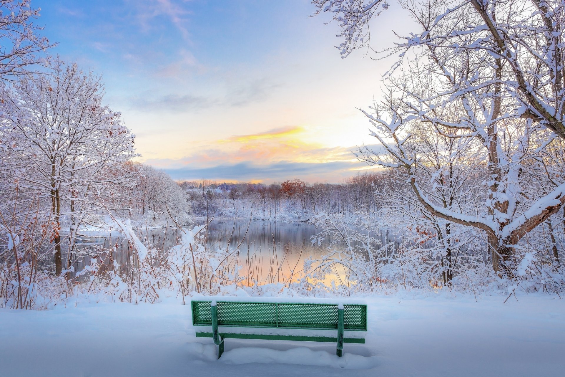 parc lac banc hiver neige soirée