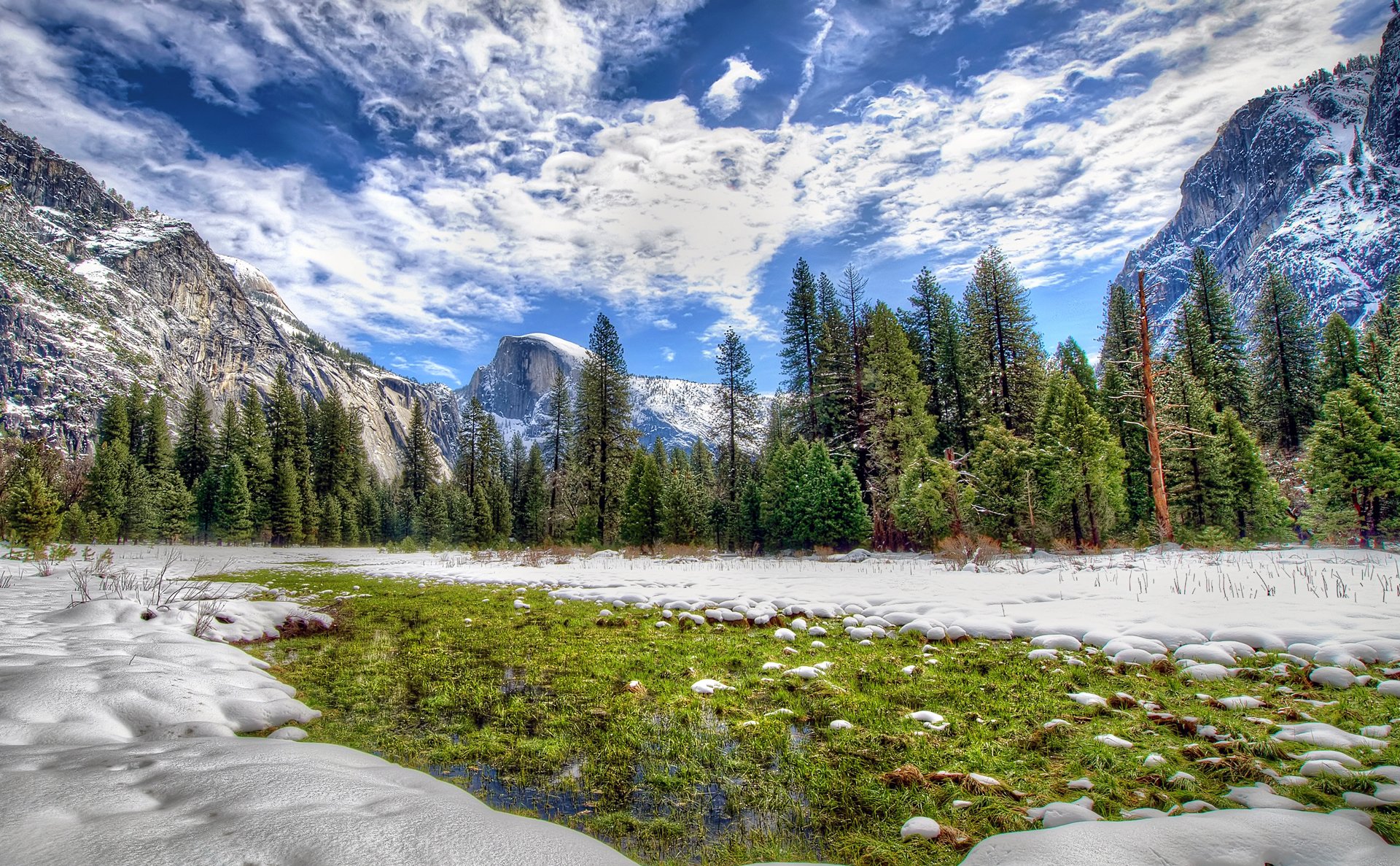 parco nazionale di yosemite california usa montagne foresta alberi inverno cielo nuvole neve