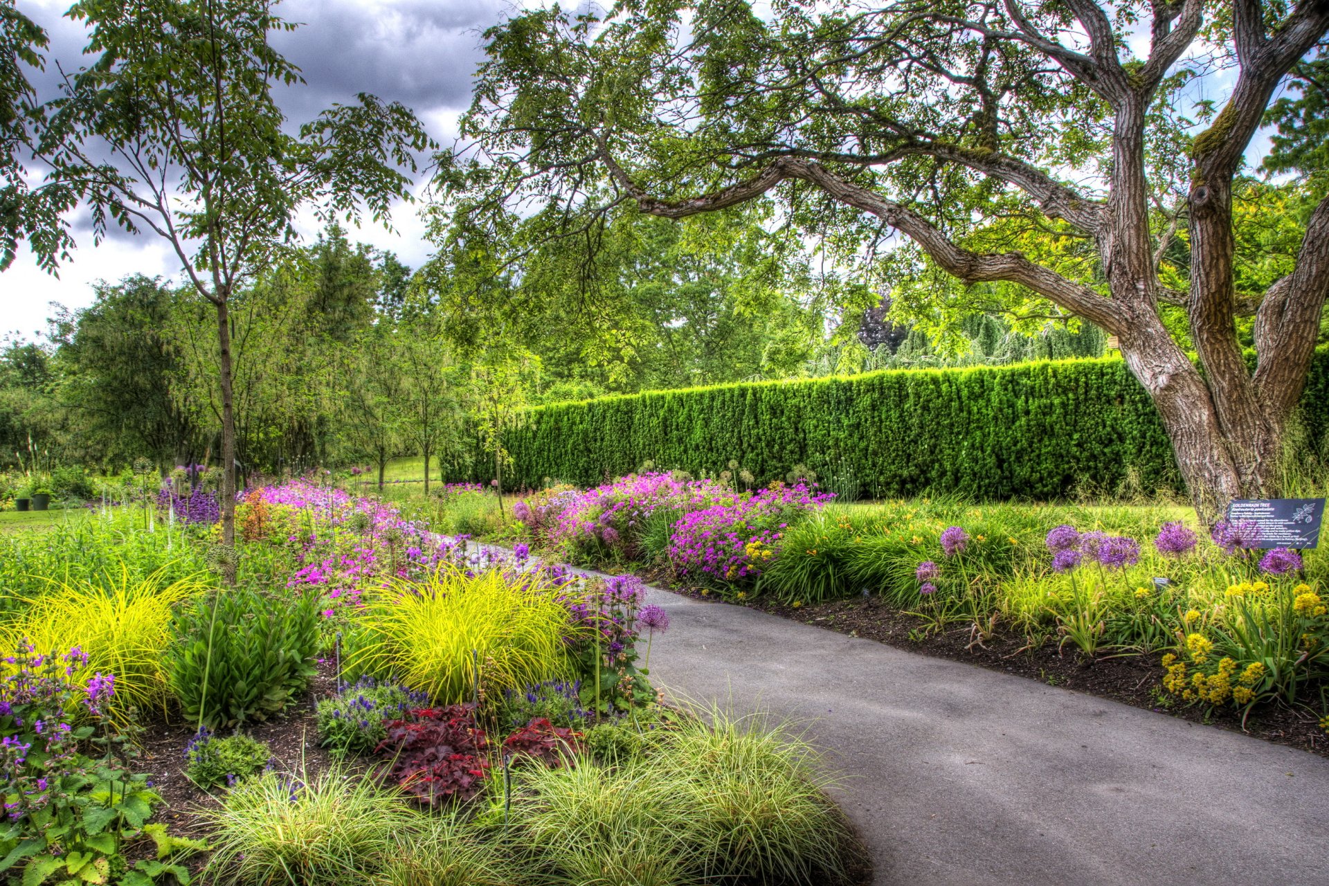 jardín botánico vandusen vancouver canadá jardín camino árboles macizos de flores flores vegetación