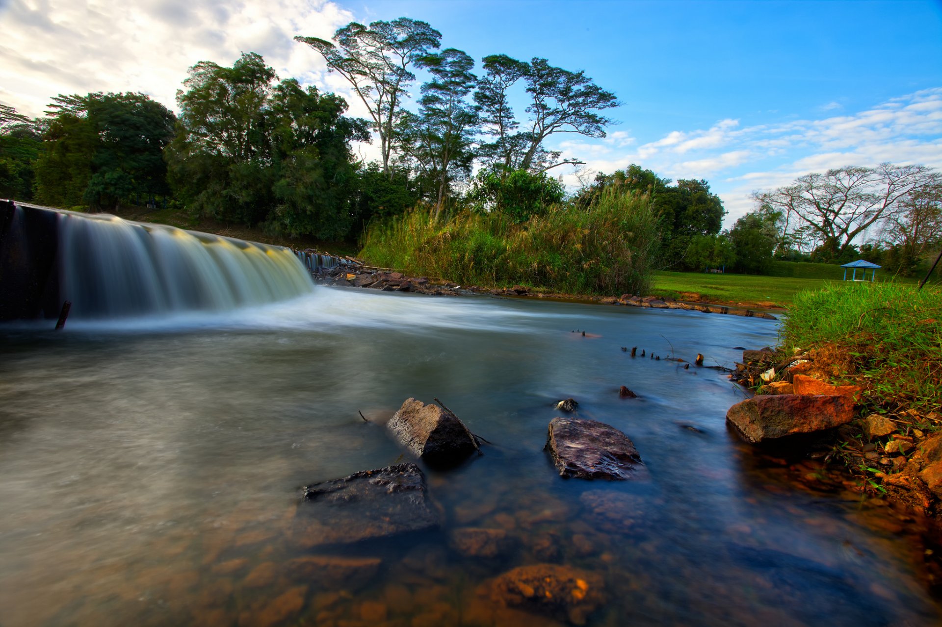 cielo parco foresta fiume flusso cascata alberi pietre