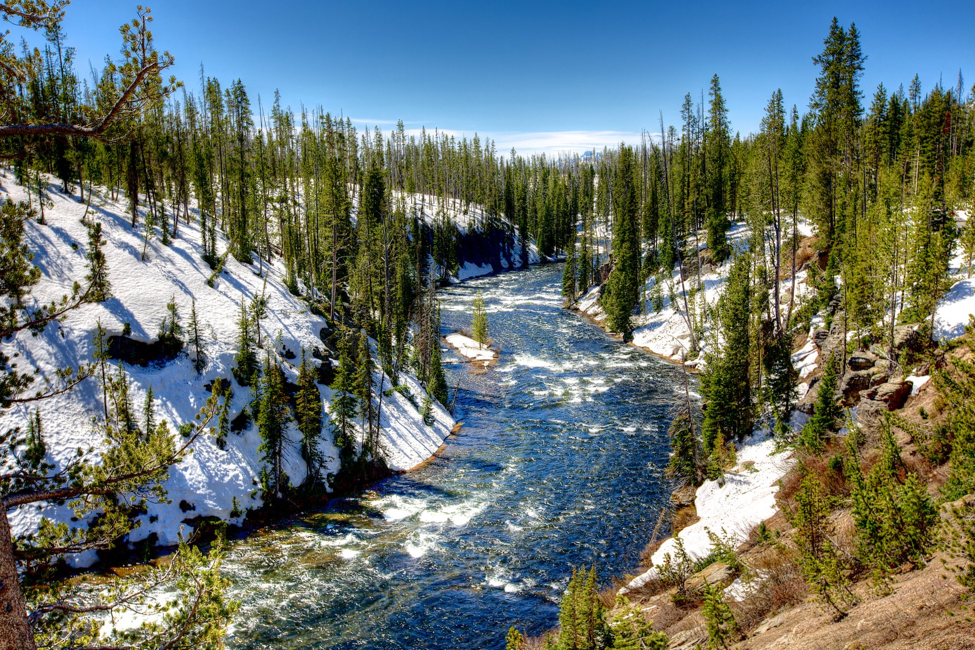 yellowstone-nationalpark usa himmel wolken wald bäume fluss winter schnee