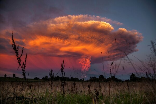 Calbuco volcano eruption through the grass