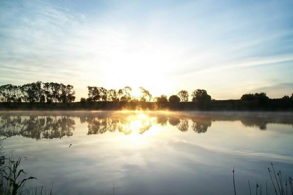 Amanecer en un lago que refleja el cielo y los árboles