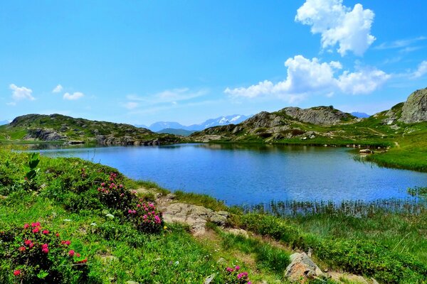 Lac pittoresque loin dans les montagnes