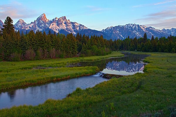 Río en medio de bosques verdes y montañas nevadas