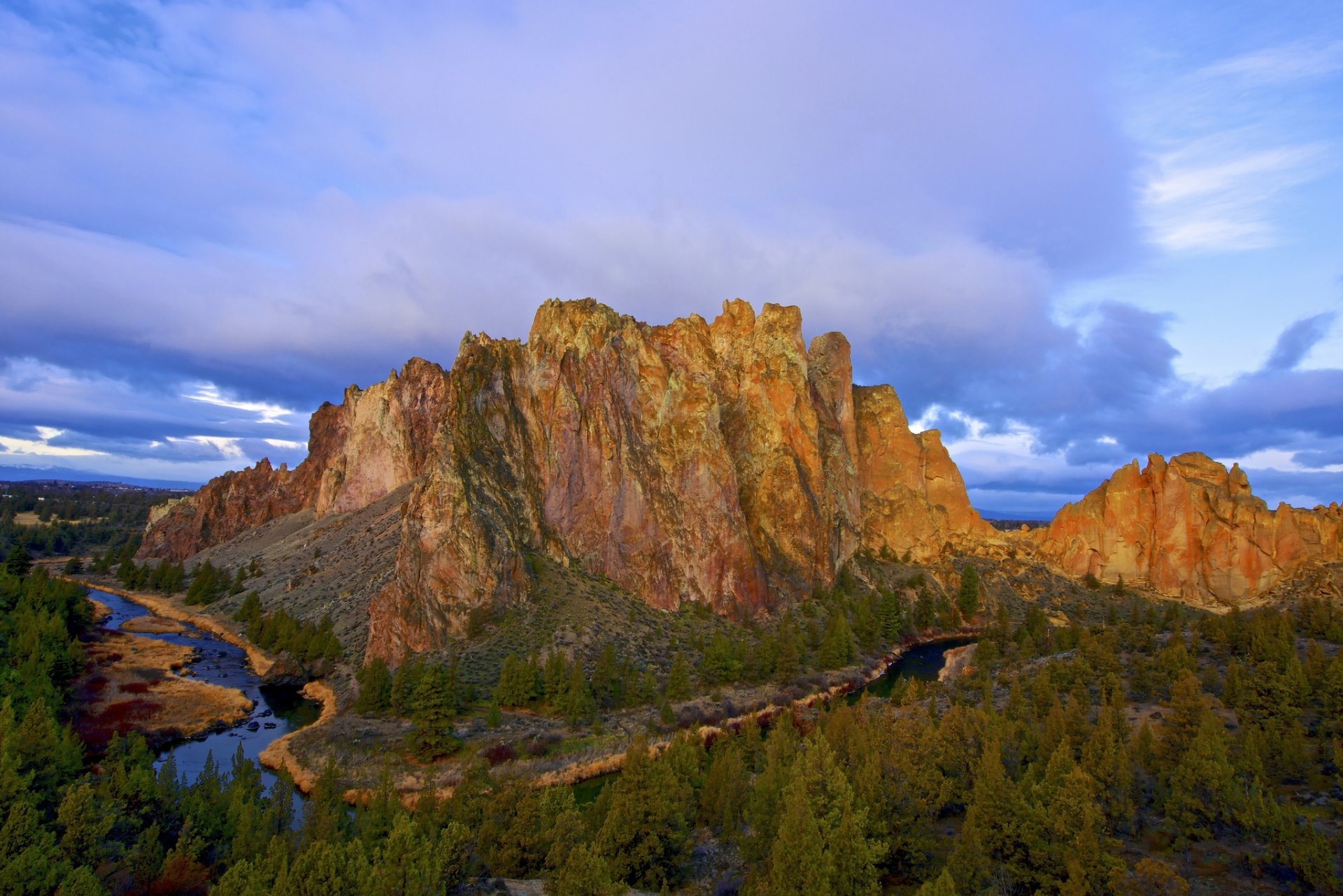 united states oregon mountain river winding crooked river tree clouds morning