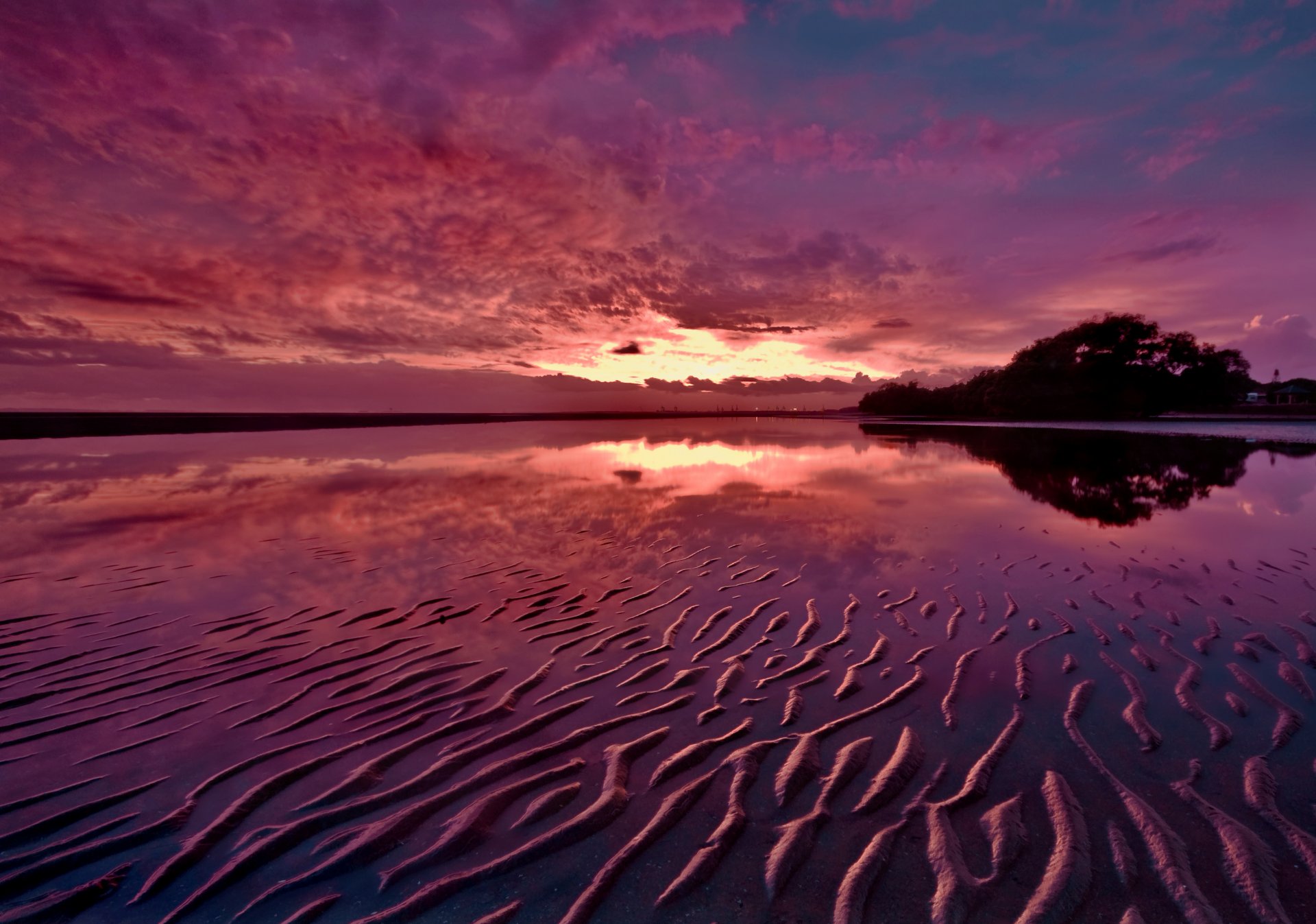 twilight river sand sunset night reflection