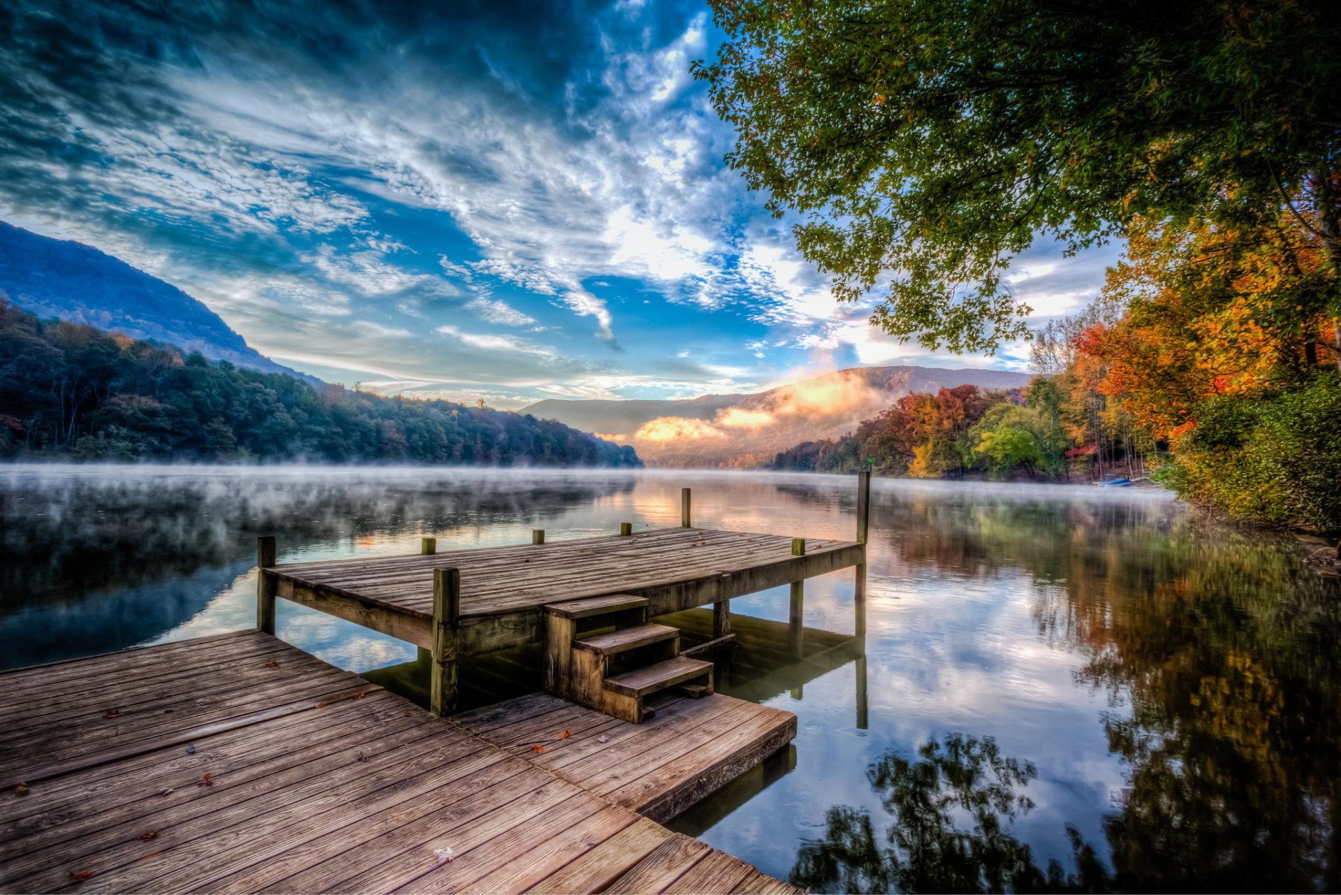 stati uniti fiume molo nebbia foschia foresta alberi autunno nuvole natura