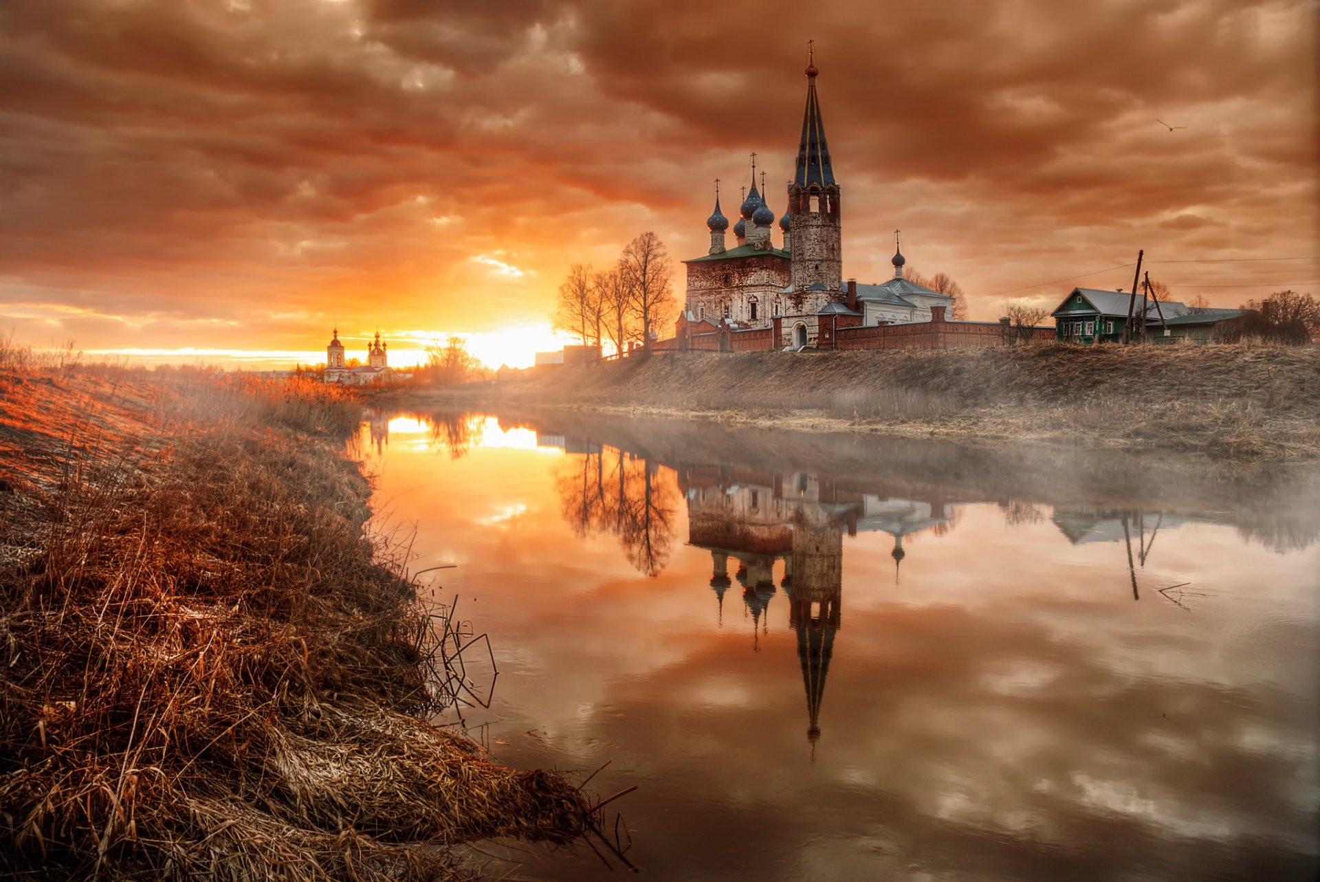 the village dunilovo april morning dawn temple russia