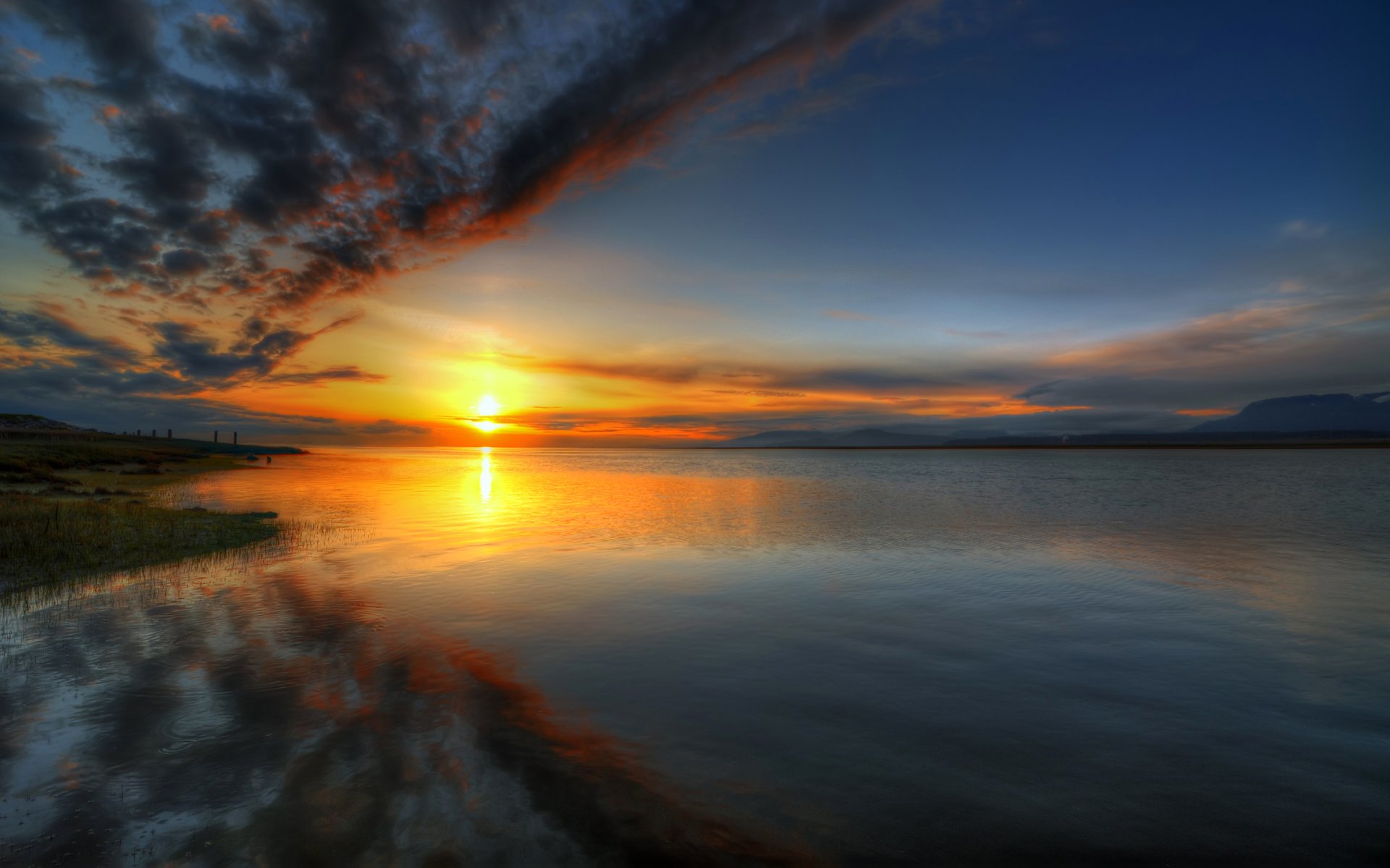 ky clouds sunset sun water beach reflection river lake horizon