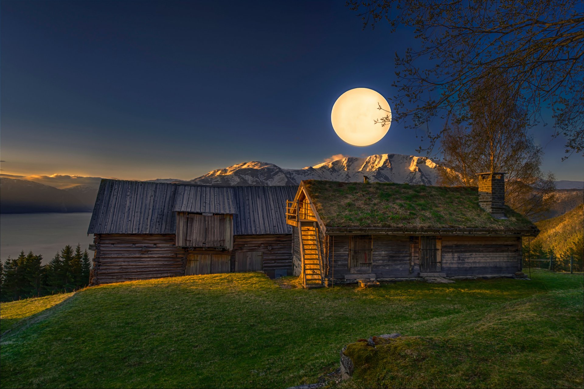 buenos días noche luna granero montañas mañana