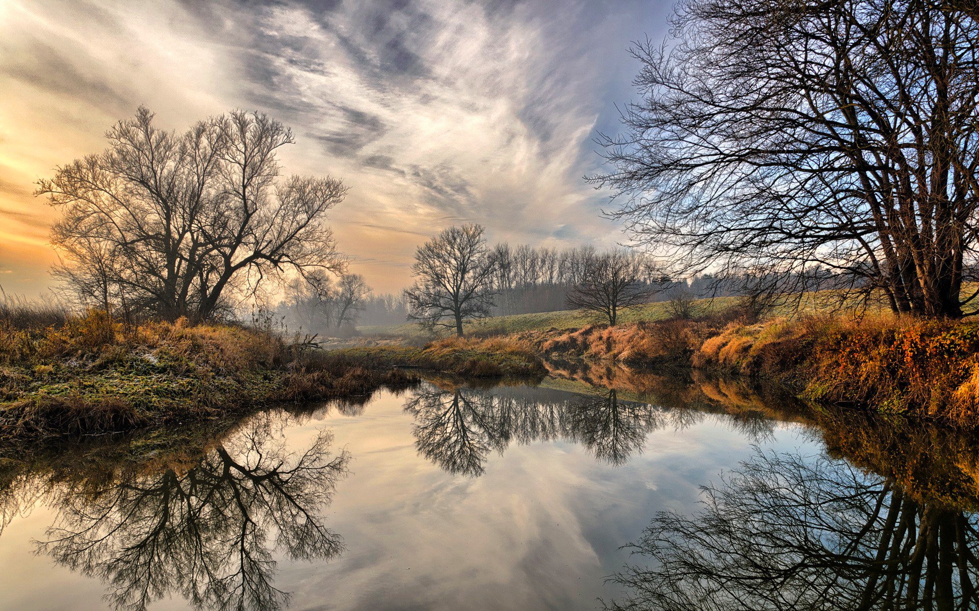 ky clouds river tree bush autumn reflection landscape