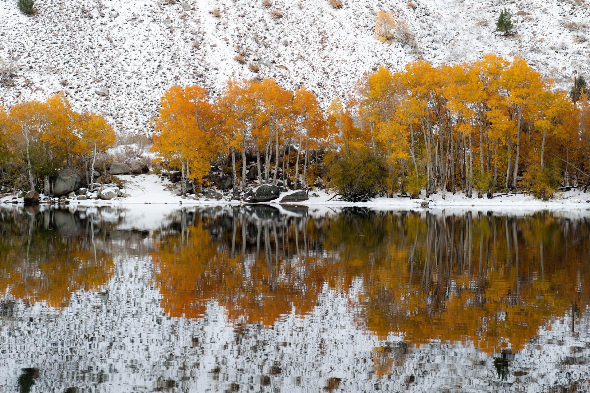 lope snow autumn lake reflection tree