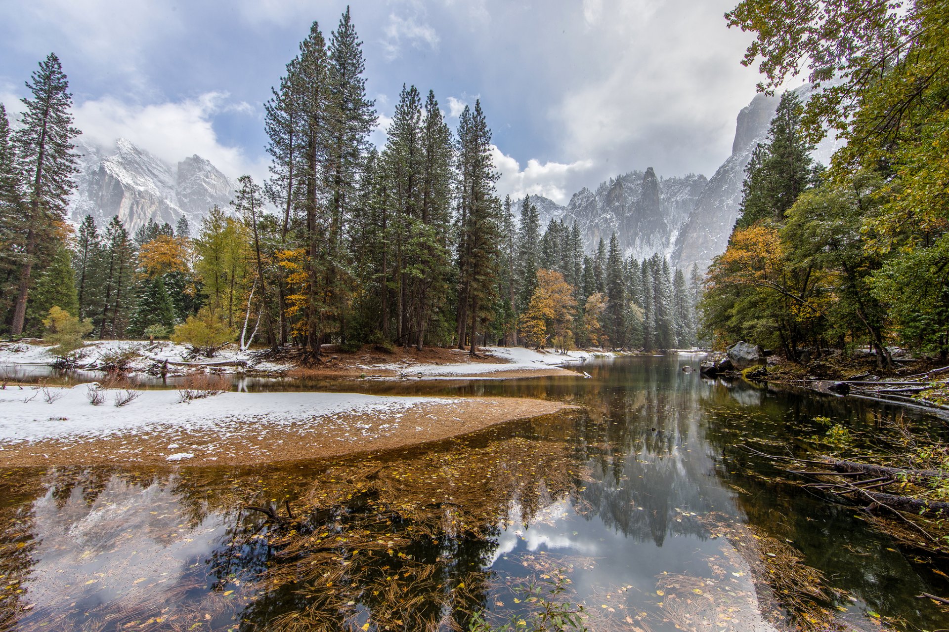 himmel berge wald bäume herbst fluss schnee