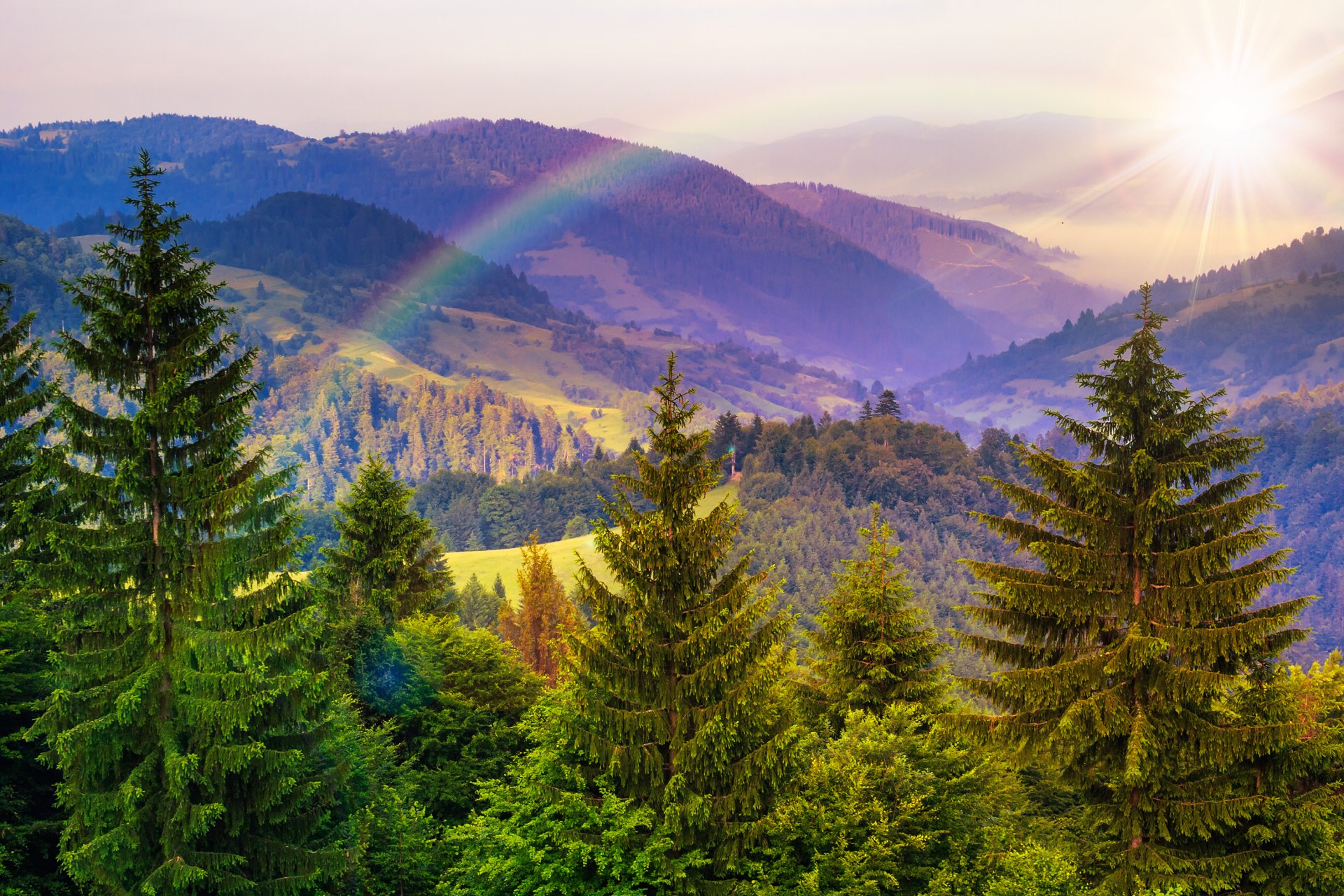 montañas árboles rayos del sol arco iris naturaleza