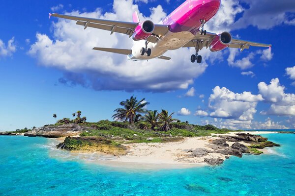 Avion volant sur une île tropicale