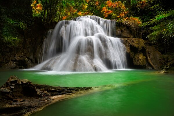 Herbstwald und fallender Wasserfall in den See