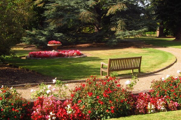 Arboretum in England. Bench in front of a flower bed