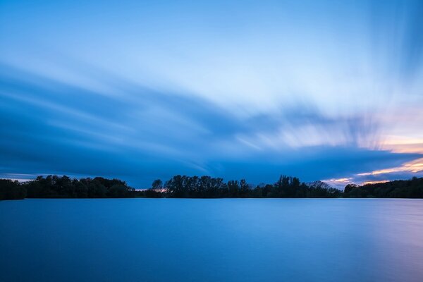 Bosque que separa el cielo nocturno y la superficie tranquila