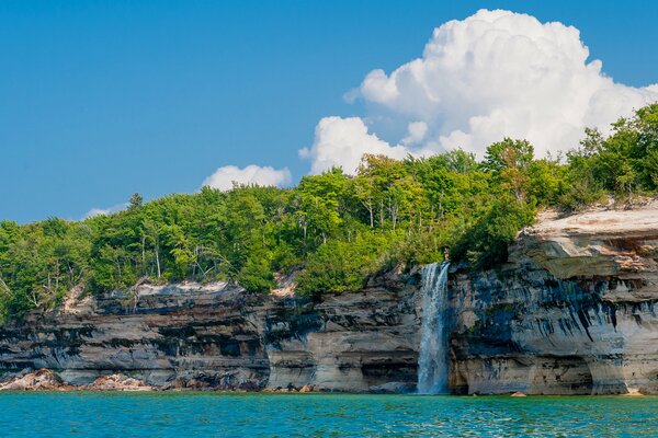 Cascata scheggiata con fitta foresta